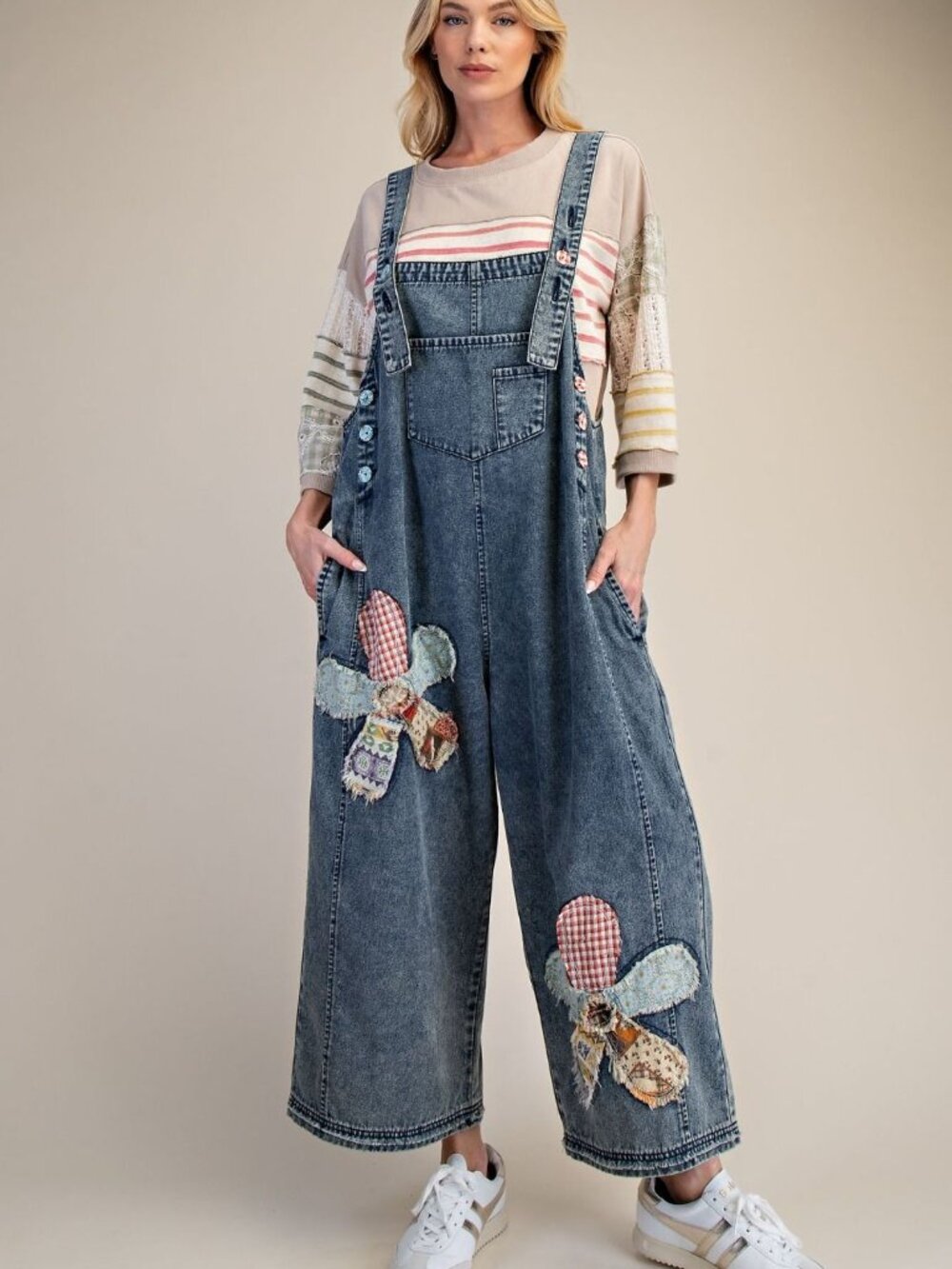 THREE BIRD NEST FLOWER PATCH WASHED DENIM OVERALLS 95%COTTON 5%VISCOSE